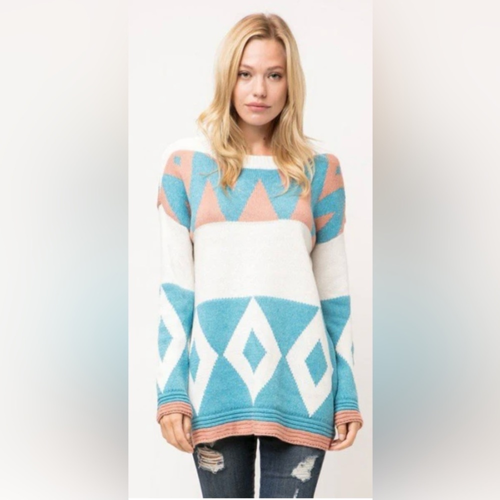 Cozy Casual Blue and White Crew Neck Sweater